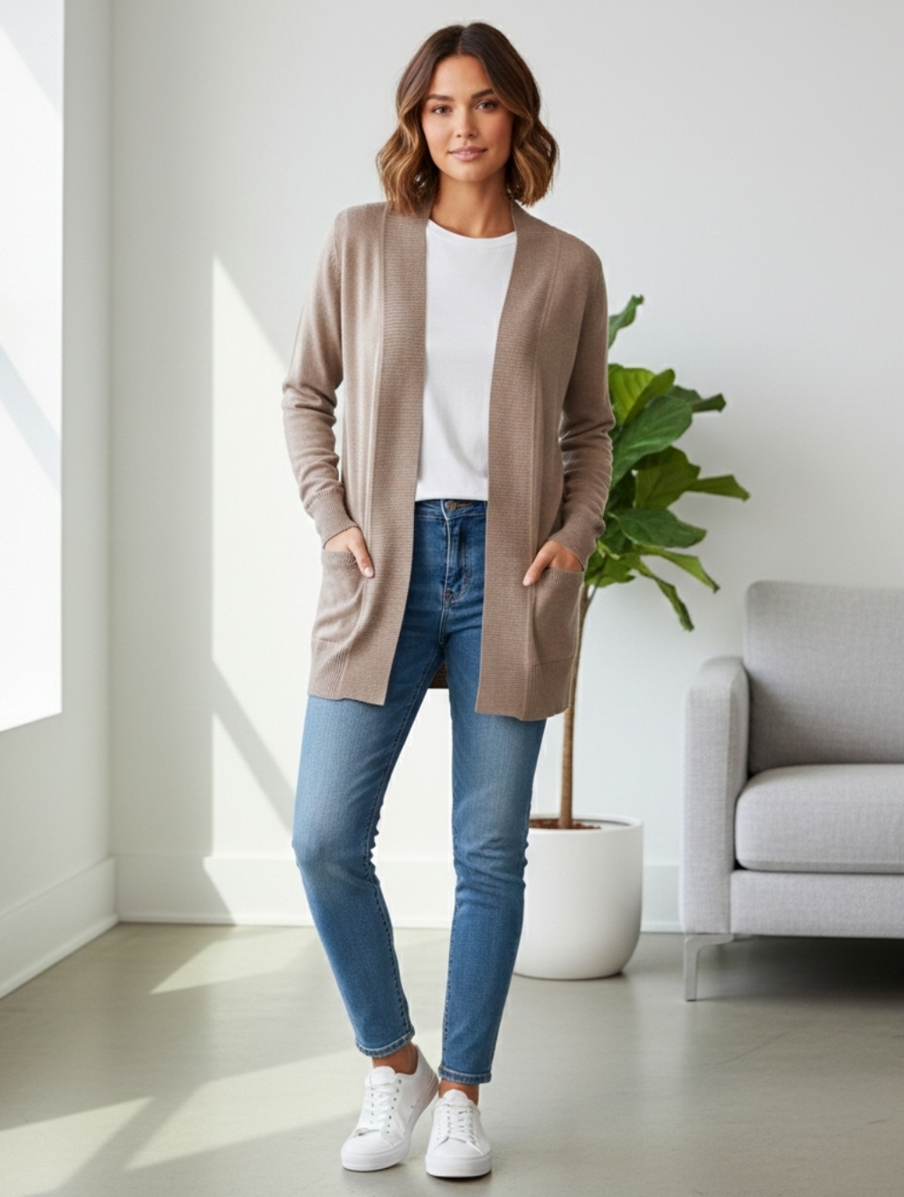 Cielo Size S/M Cardigan Camel Beige Taupe Open Front Sweater Pockets Soft Knit - Picture 10 of 11